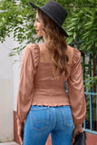 Smocked Square Neck Long Sleeve Blouse - Flyclothing LLC