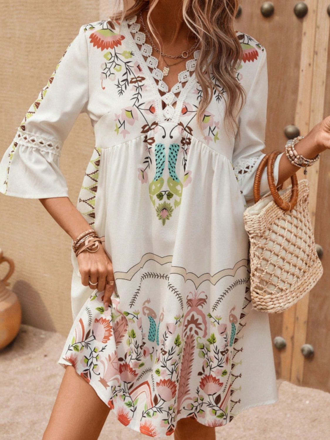 Lace Detail Printed Three-Quarter Sleeve Dress - Trendsi