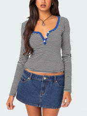 Buttoned Striped Long Sleeve T-Shirt - Trendsi