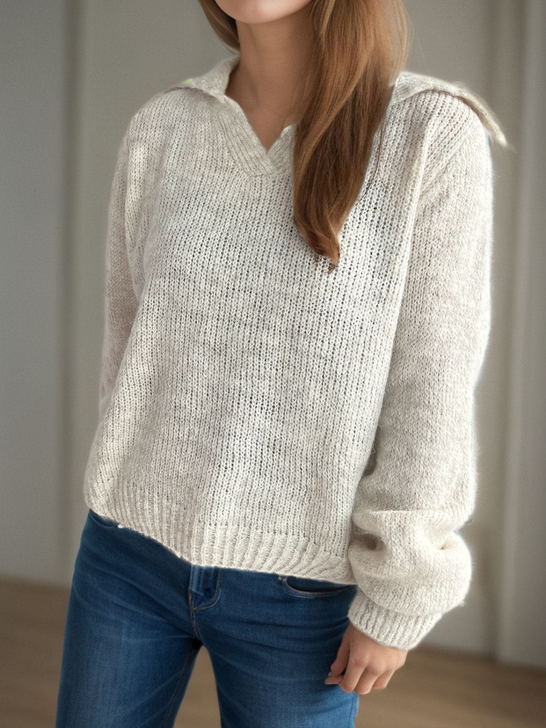 Collared Neck Long Sleeve Sweater - Trendsi