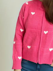 Heart Round Neck Zip Up Cardigan - Trendsi