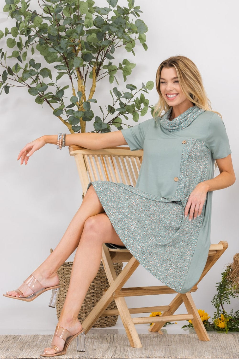 Celeste Full Size Decor Button Short Sleeve Dress with Pockets - Trendsi