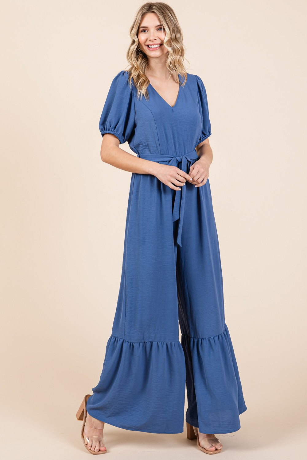 GeeGee Full Size V-Neck Belted Wide Leg Jumpsuit - Flyclothing LLC