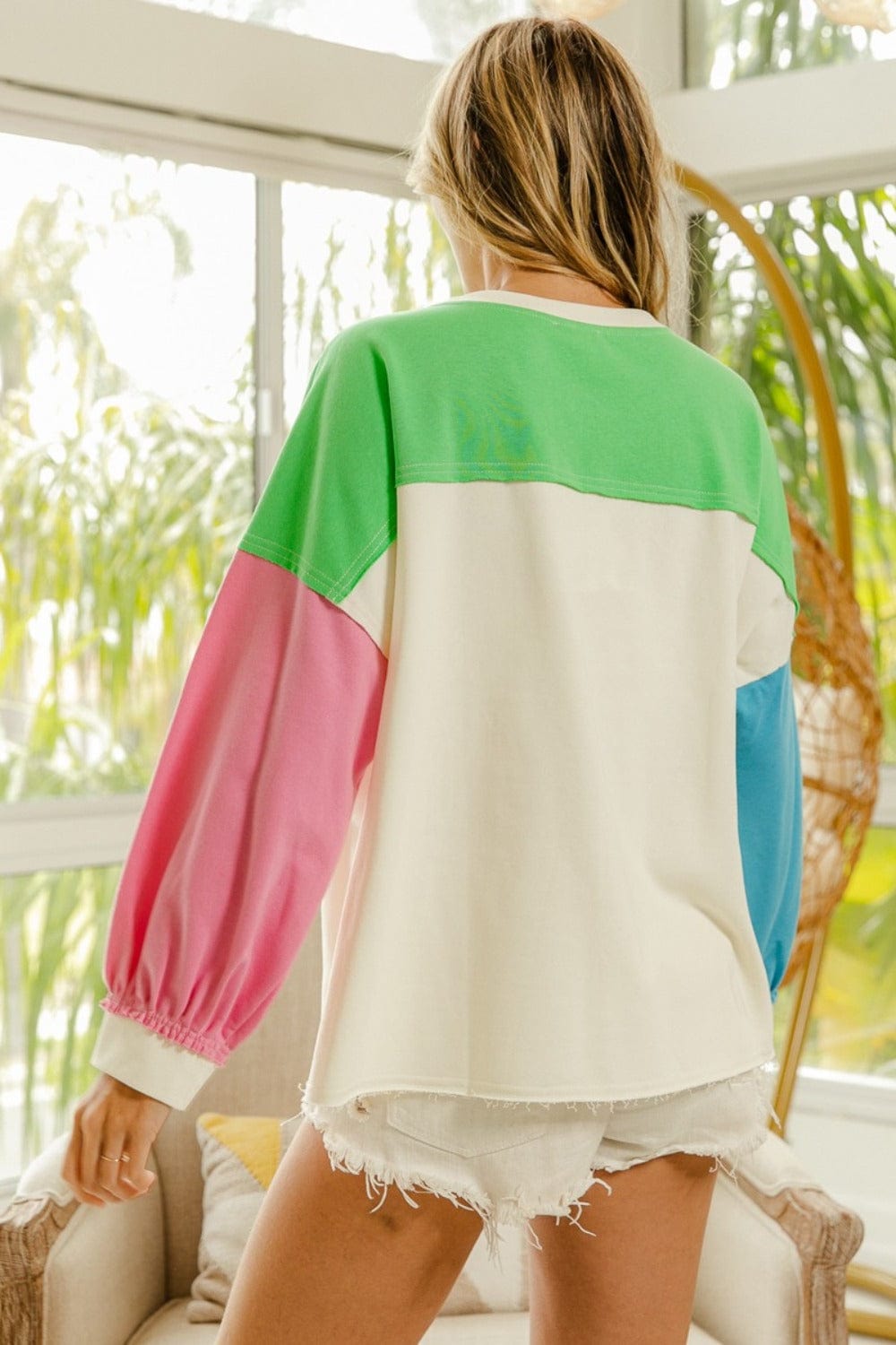 BiBi Color Block Patched Long Sleeve Top - Trendsi