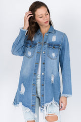 American Bazi Distressed Frayed Hem Denim Jacket - Trendsi