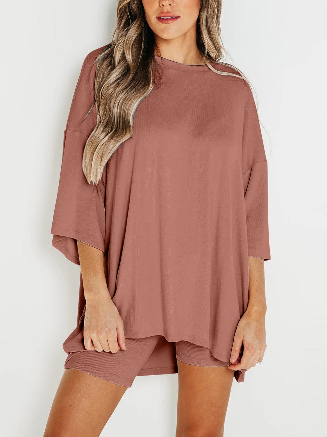 Full Size Round Neck Top and Skinny Shorts Set - Trendsi