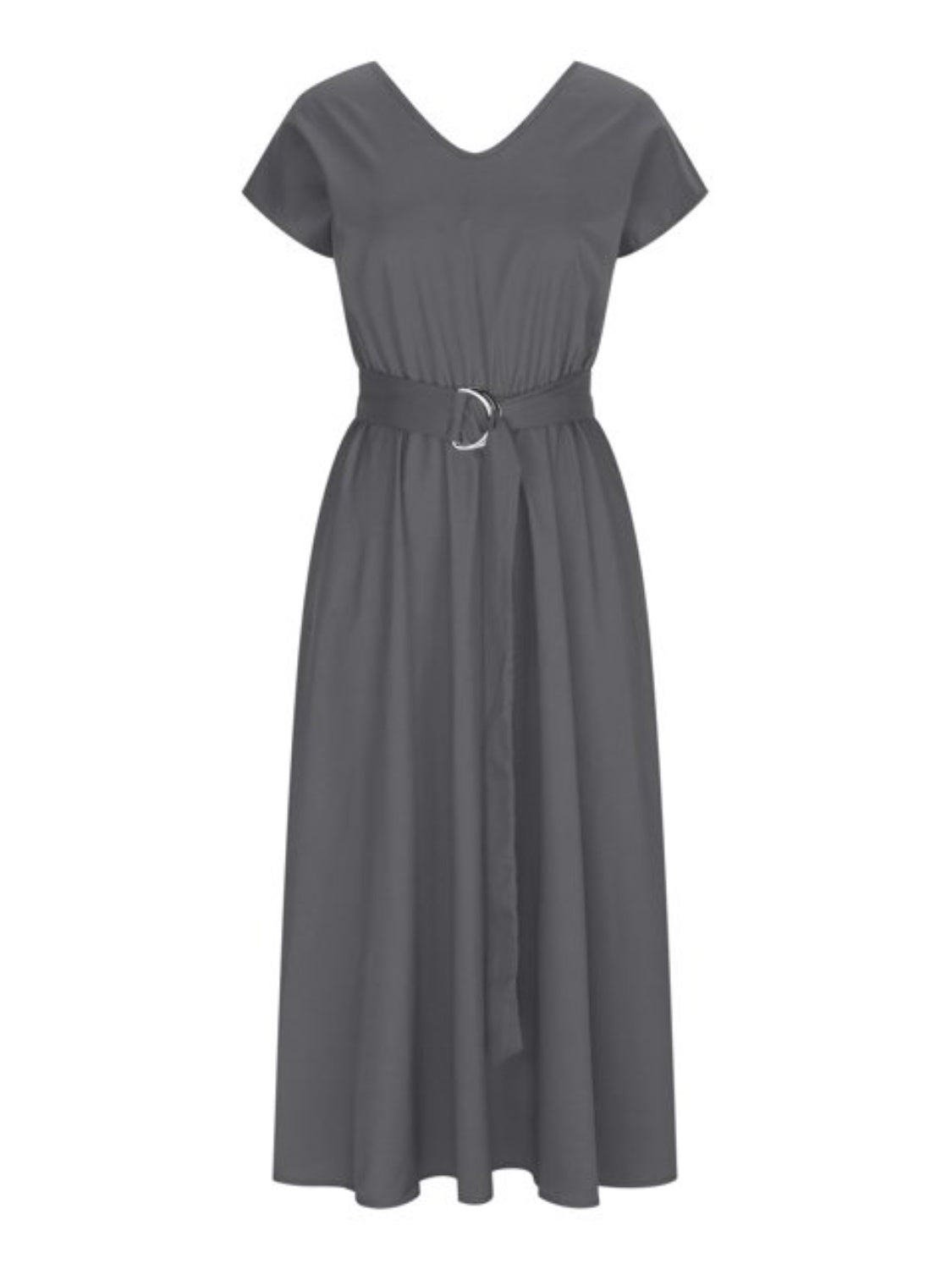 Ruched V-Neck Cap Sleeve Dress - Flyclothing LLC