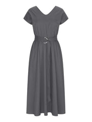 Ruched V-Neck Cap Sleeve Dress - Flyclothing LLC