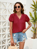 Swiss Dot Lace Detail V-Neck Blouse - Flyclothing LLC