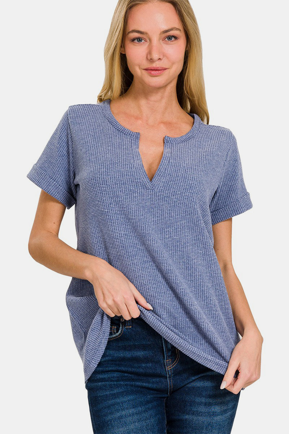 Zenana Notched Short Sleeve Waffle T-Shirt - Flyclothing LLC