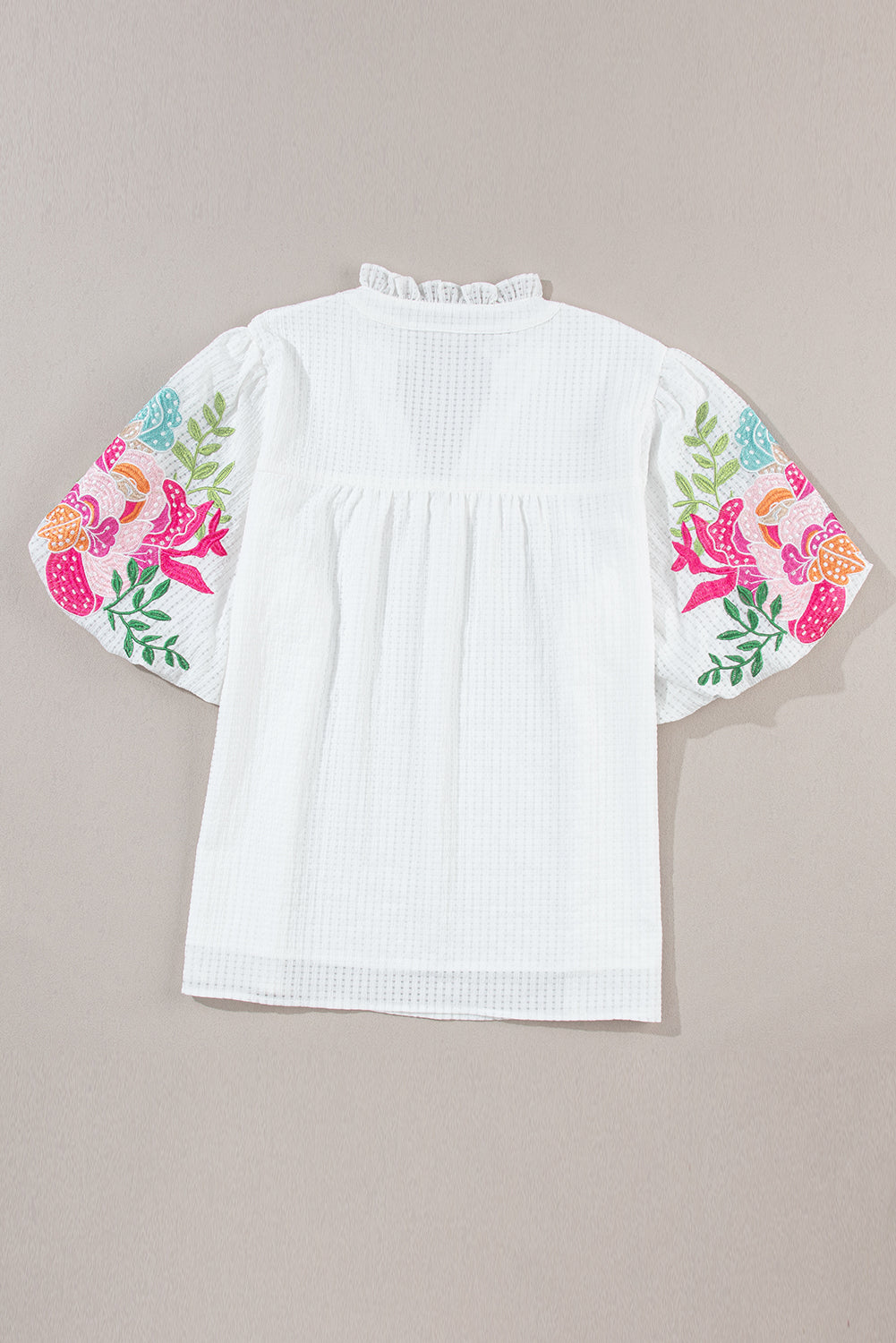 Embroidered Notched Half Sleeve Blouse - Flyclothing LLC