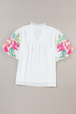 Embroidered Notched Half Sleeve Blouse - Flyclothing LLC