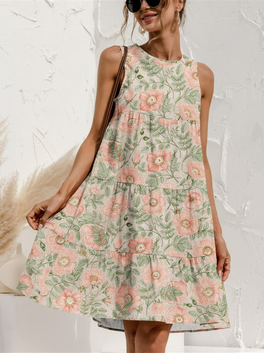 Tiered Printed Round Neck Sleeveless Dress Trendsi