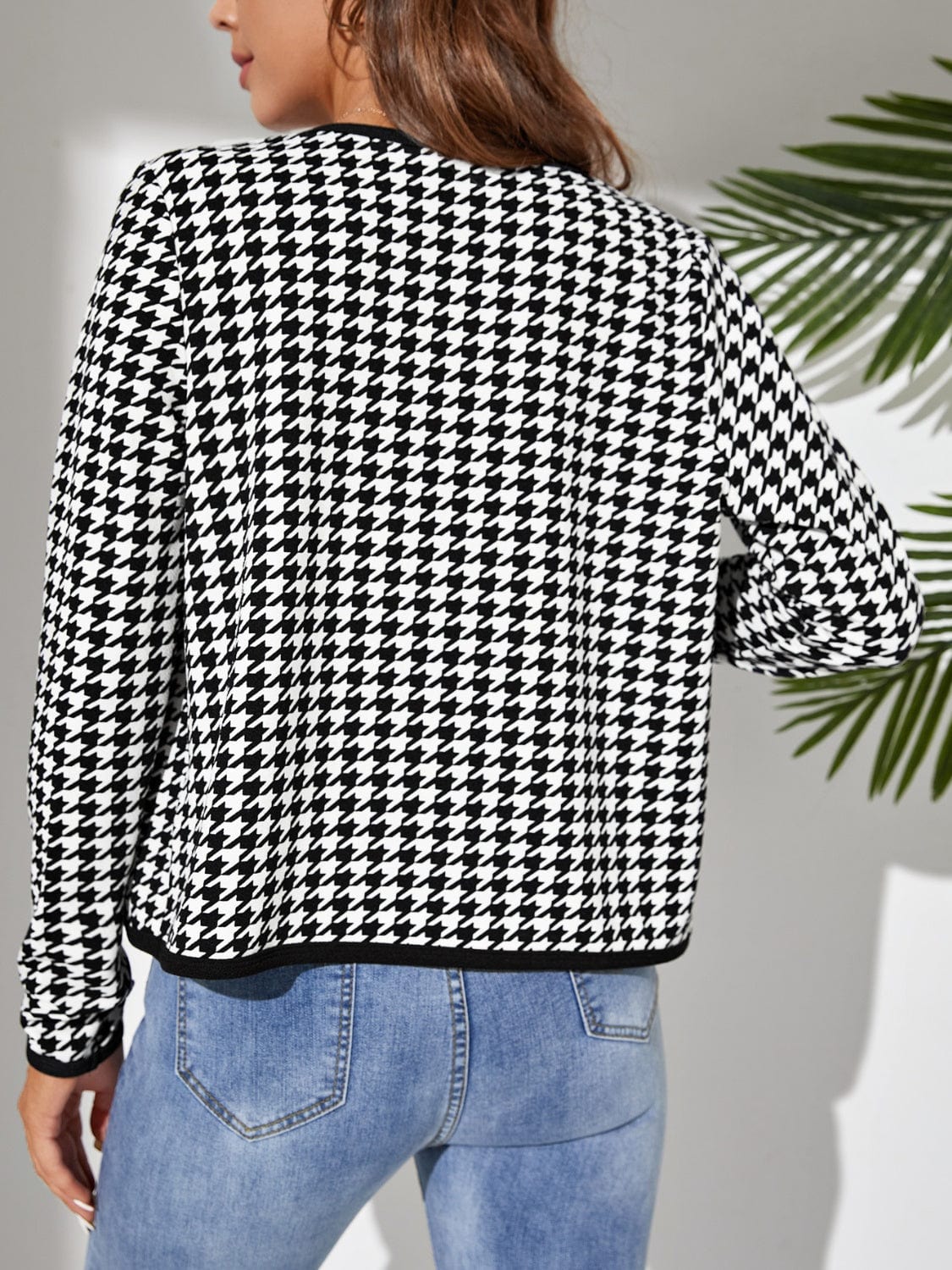 Houndstooth Open Front Long Sleeve Jacket - Trendsi