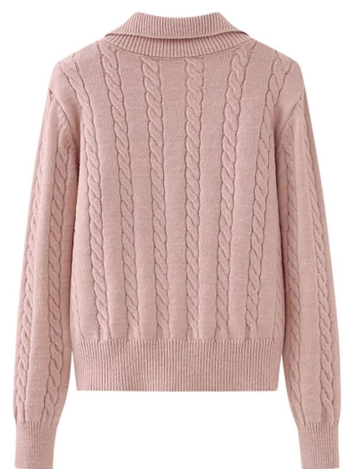 Cable-Knit Half Zip Long Sleeve Sweater - Trendsi