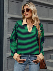 Striped Johnny Collar Long Sleeve Sweatshirt - Trendsi