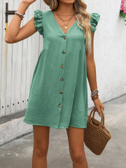 Button Up V-Neck Cap Sleeve Mini Dress Trendsi