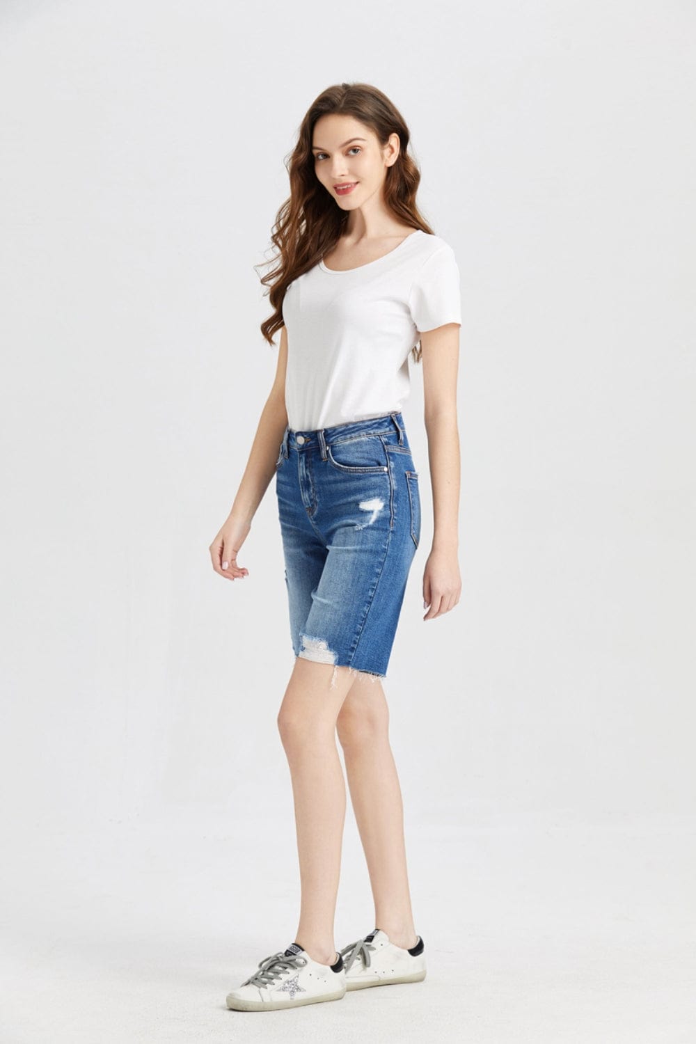 BAYEAS Full Size Super High Rise Denim Bermuda Shorts - Trendsi