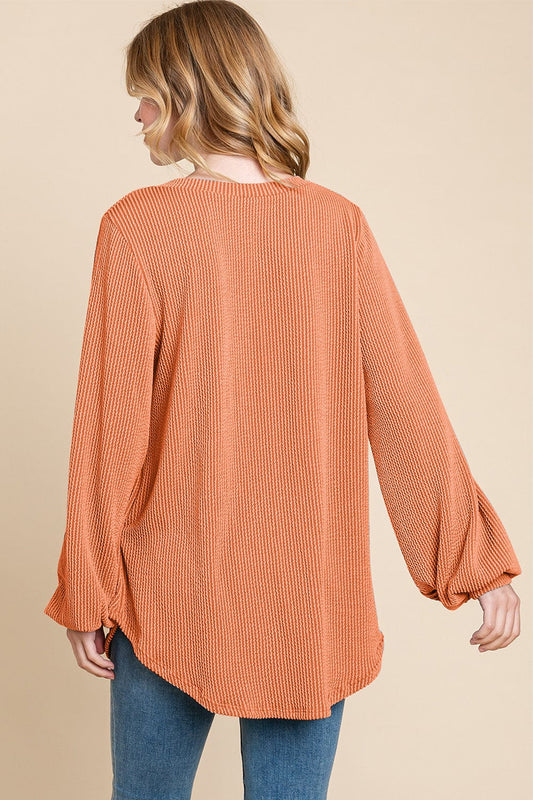 BOMBOM Long Sleeve Curved Hem Ribbed T-Shirt - Trendsi