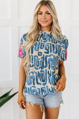 Embroidered Printed Mock Neck Short Sleeve Blouse Trendsi