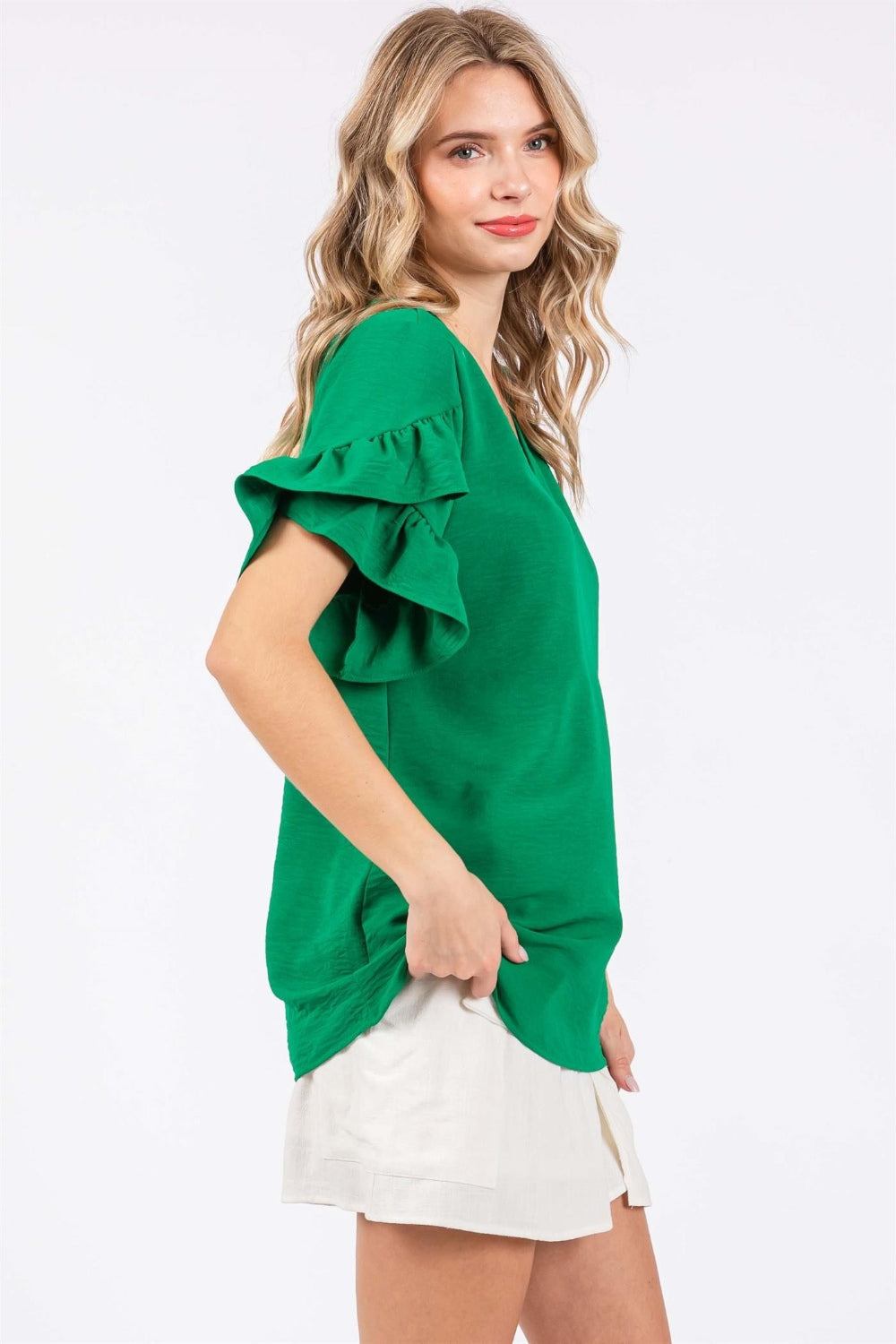 GeeGee Ruffled Short Sleeve V-Neck Blouse - Flyclothing LLC