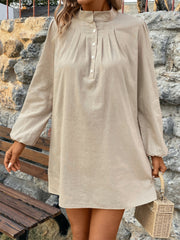 Half Button Mock Neck Long Sleeve Mini Shirt Dress Trendsi