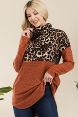 Celeste Full Size Curved Hem Leopard Turtleneck Long Sleeve Blouse - Trendsi