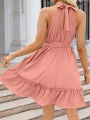 Ruched Grecian Neck Tie Waist Mini Dress - Flyclothing LLC