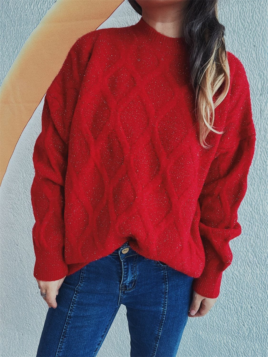 Diamond Round Neck Long Sleeve Sweater - Trendsi