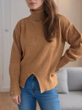 Front Slit Decorative Button Turtleneck Sweater