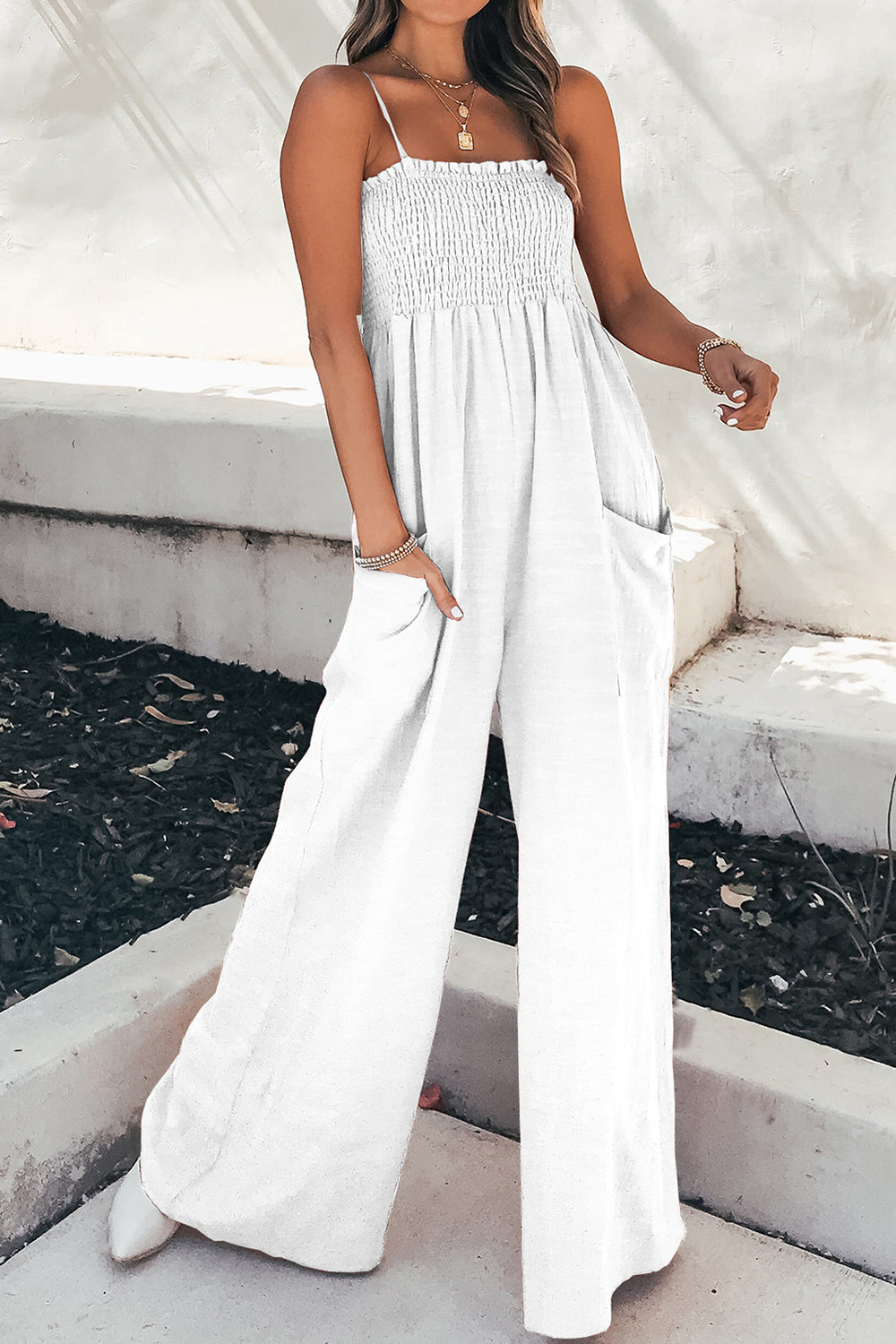 Smocked Spaghetti Strap Wide Leg Jumpsuit - Flyclothing LLC