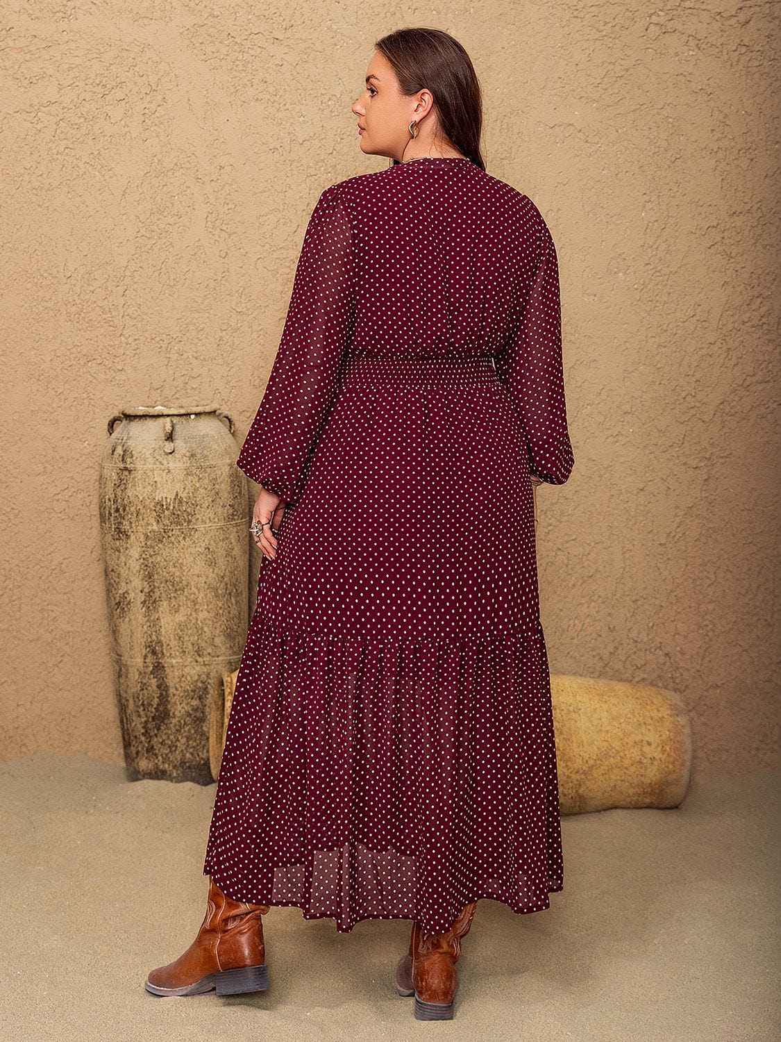 Plus Size Embroidered Polka Dot Tie Neck Long Sleeve Midi Dress - Trendsi