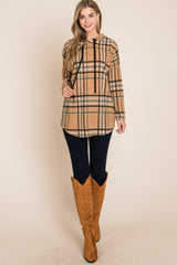 BOMBOM Drawstring Plaid Long Sleeve Hoodie - Trendsi