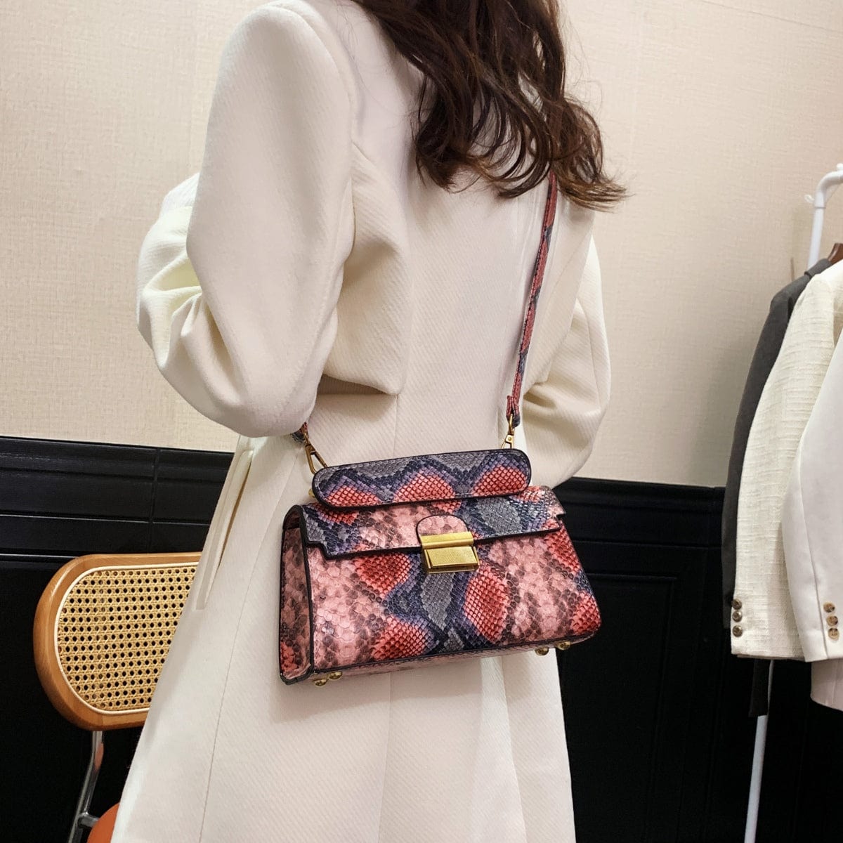 PU Leather Snakeskin Print Crossbody Bag - Trendsi