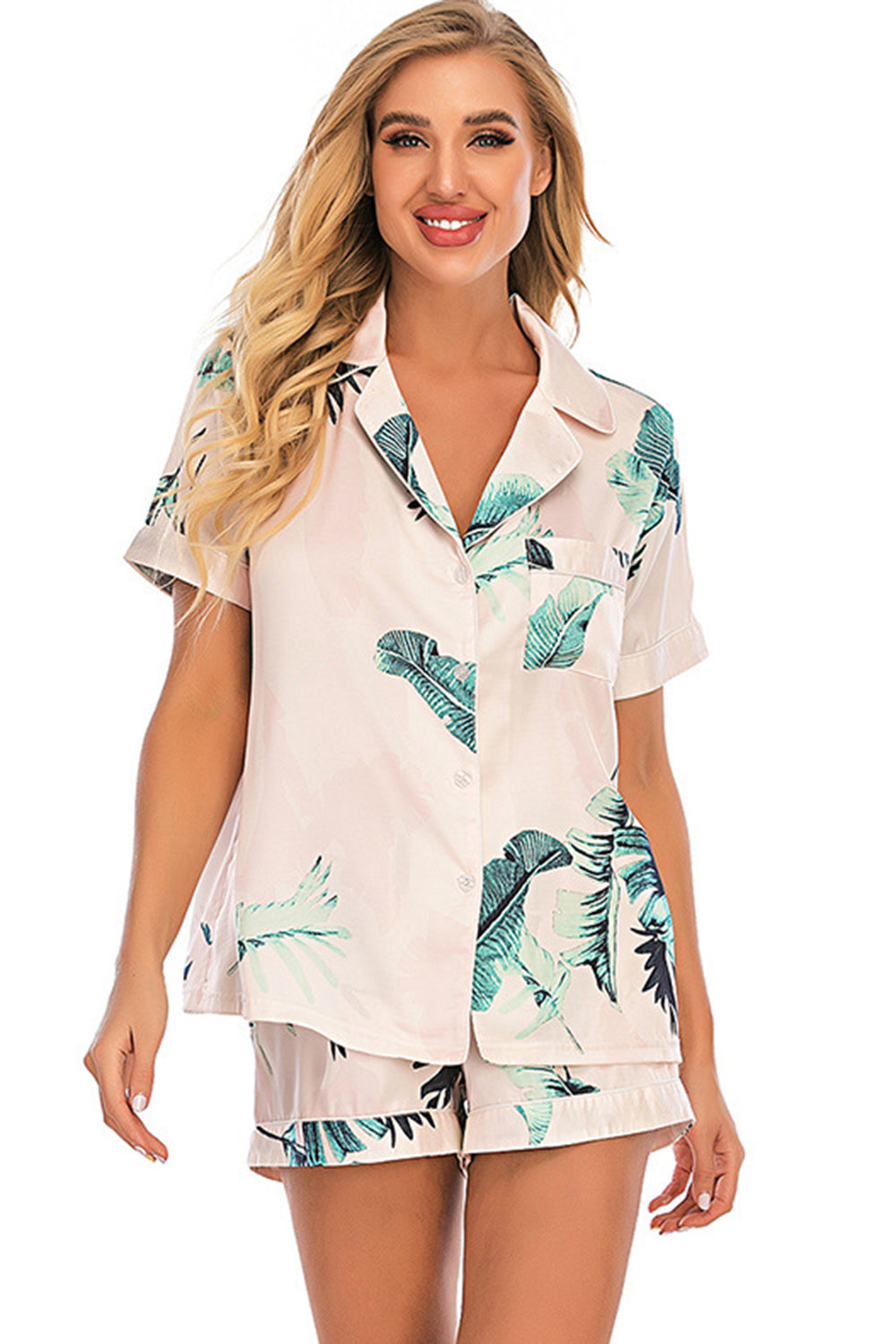 Printed Button Up Short Sleeve Top and Shorts Lounge Set - Flyclothing LLC