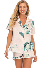 Printed Button Up Short Sleeve Top and Shorts Lounge Set - Flyclothing LLC