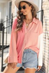 Pocketed Color Block Collared Neck Long Sleeve Shirt