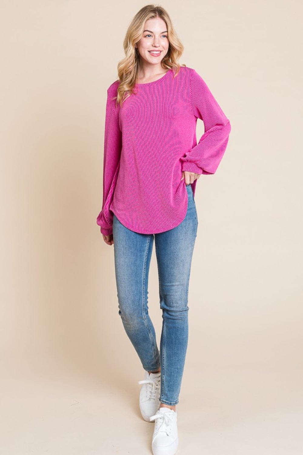 BOMBOM Long Sleeve Curved Hem Ribbed T-Shirt - Trendsi