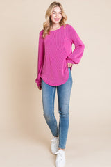 BOMBOM Long Sleeve Curved Hem Ribbed T-Shirt - Trendsi