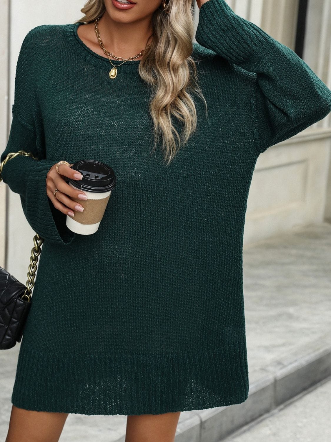 Round Neck Dropped Shoulder Sweater - Trendsi