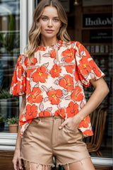 Printed Round Neck Short Sleeve Blouse Trendsi