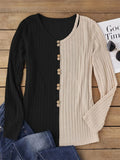 Decorative Button Contrast Round Neck Long Sleeve T-Shirt - Trendsi