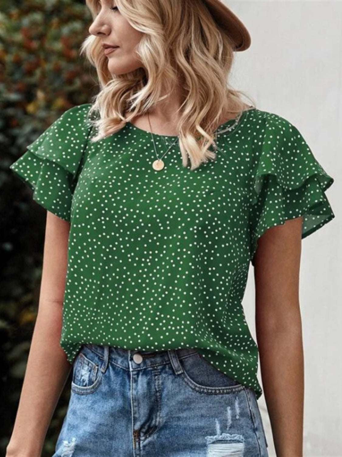 Ruffled Polka Dot Round Neck Short Sleeve Blouse - Flyclothing LLC