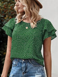 Ruffled Polka Dot Round Neck Short Sleeve Blouse - Flyclothing LLC