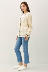 Be Cool Contrast Trim Cable-Knit V-Neck Cardigan - Trendsi