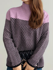 Contrast Turtleneck Long Sleeve Sweater - Trendsi