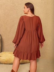 Plus Size Embroidered Tie Neck Balloon Sleeve Mini Dress - Trendsi