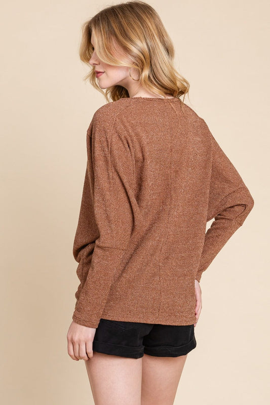 BOMBOM Drop Shoulder Long Sleeve Knit Top - Trendsi