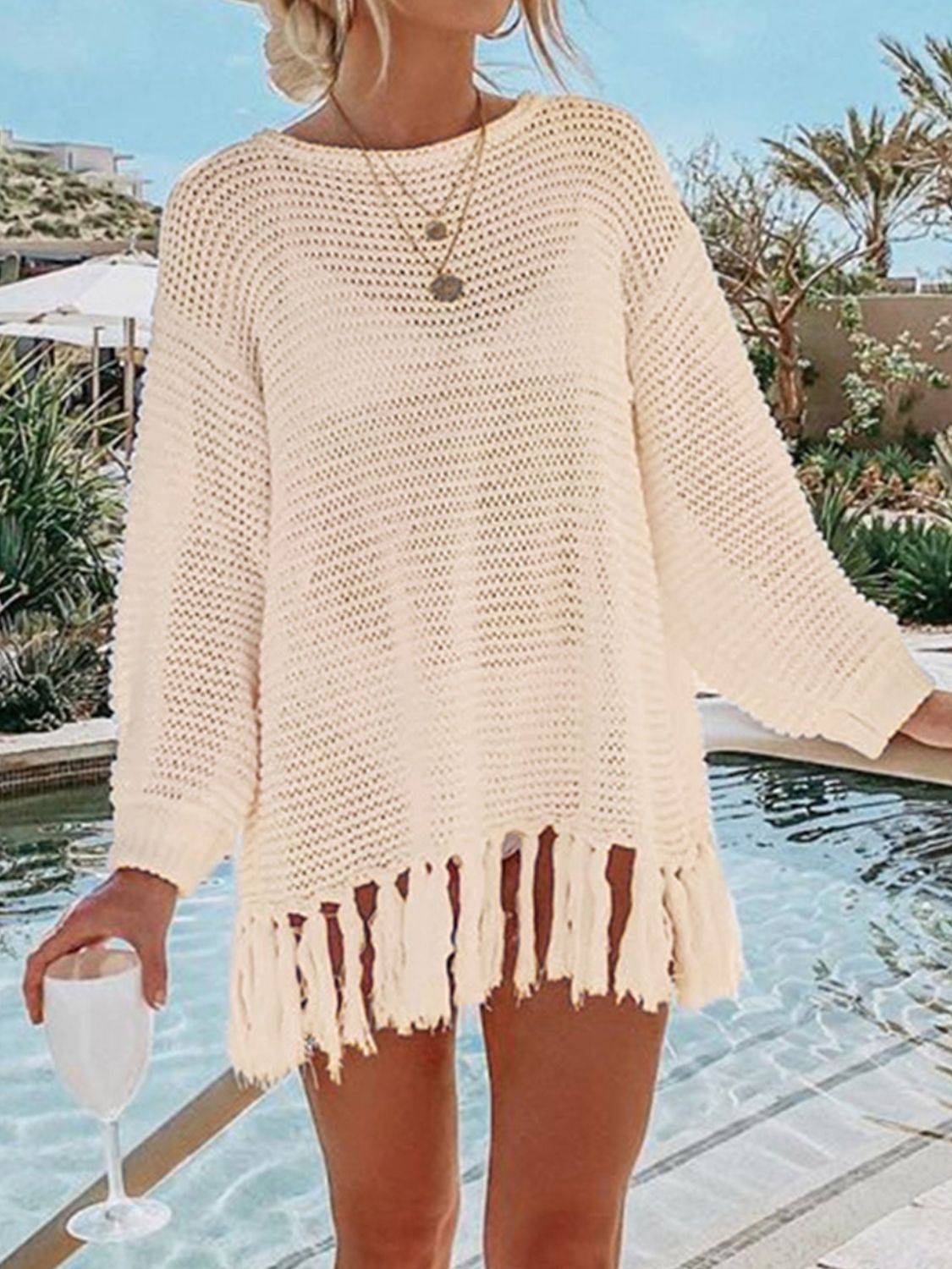 Double Take Openwork Tassel Hem Long Sleeve Knit Cover Up - Flyclothing LLC