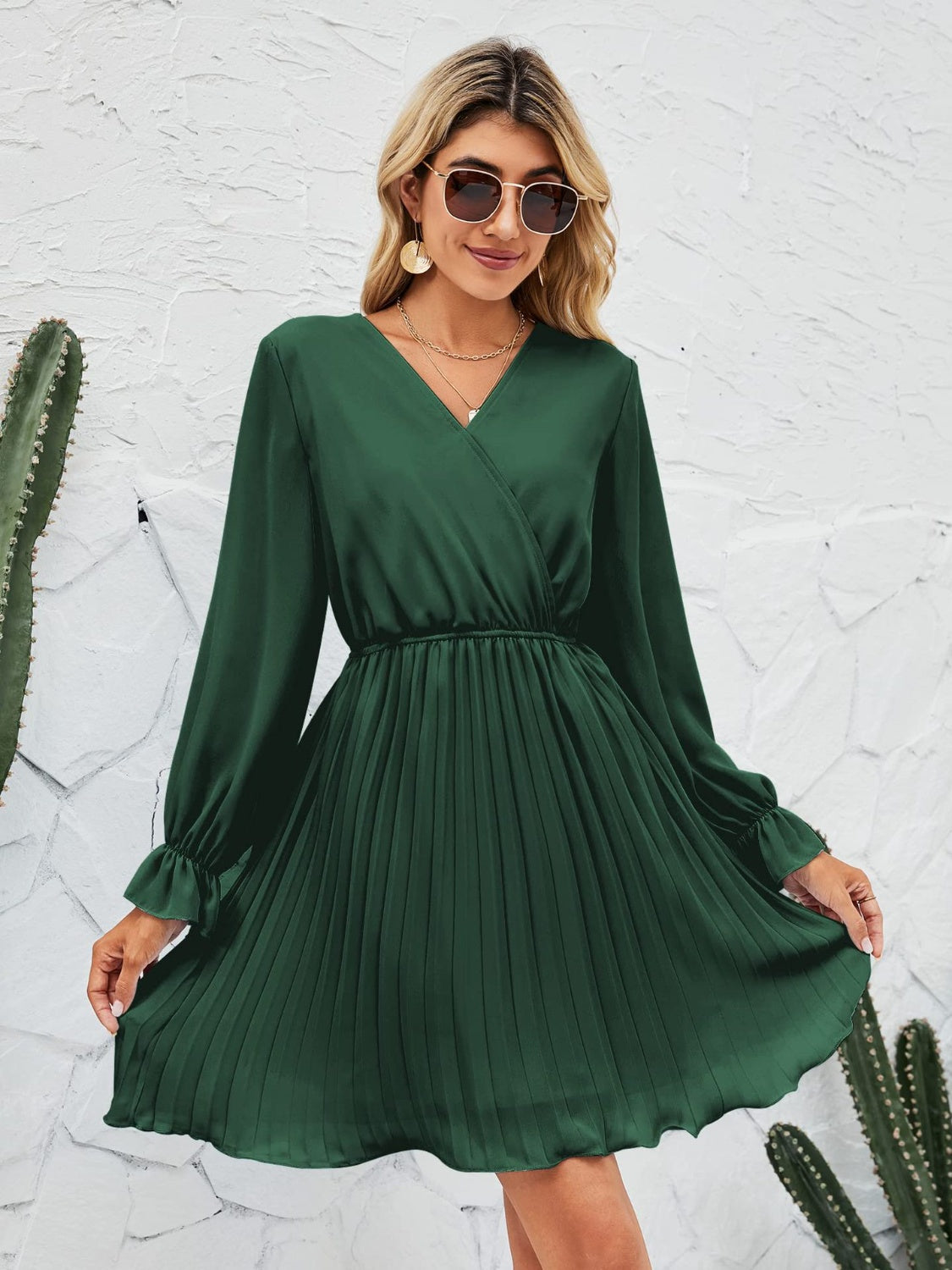 Surplice Flounce Sleeve Pleated Mini Dress - Flyclothing LLC